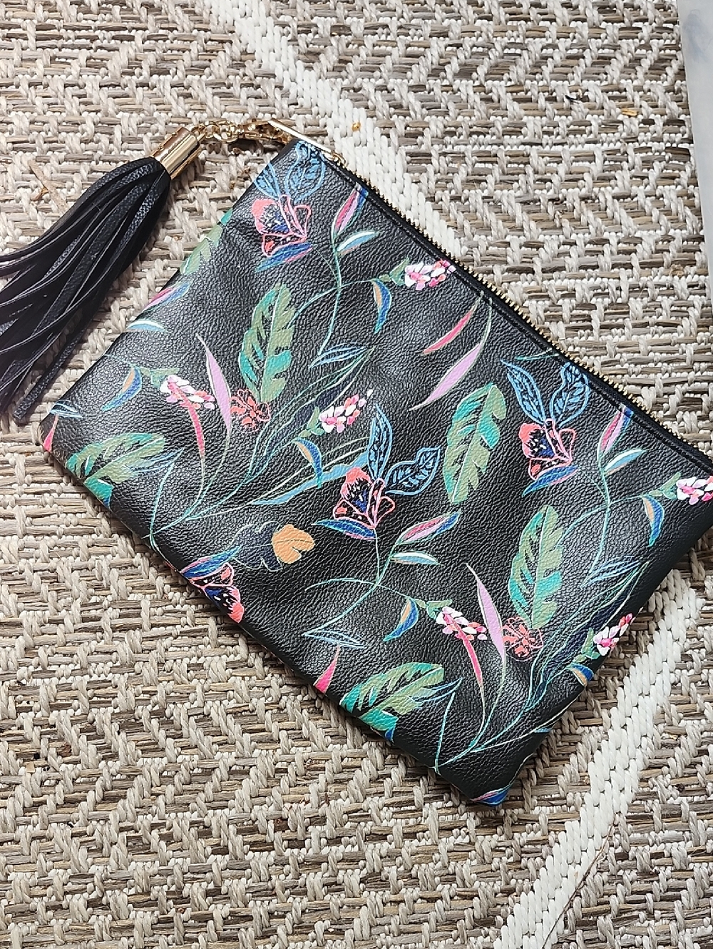 A New Day Floral Print Black Leather Wristlet Clutch with Tassel